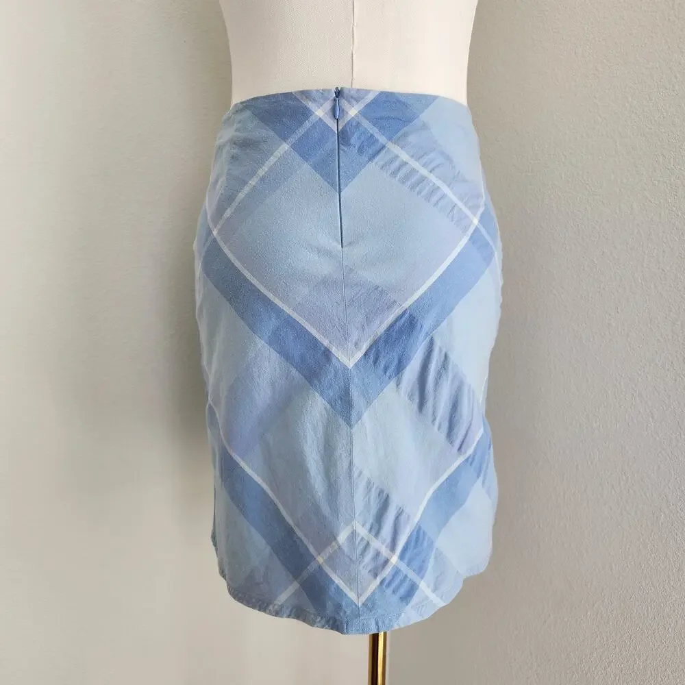 Y2K SO Cotton Blue White Diagonal Plaid Mini Skirt Fitted Stretchy Women's M L